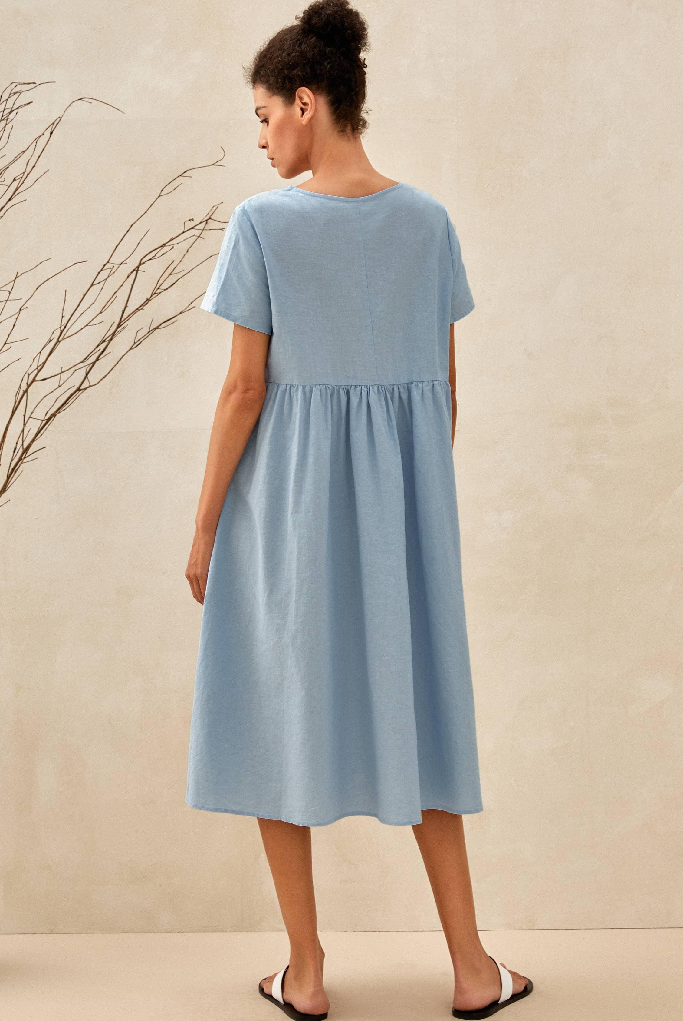 Linen Patch Pocket Loose Hem Resort Dress FRANKIE - DRESSES-Linen Midi