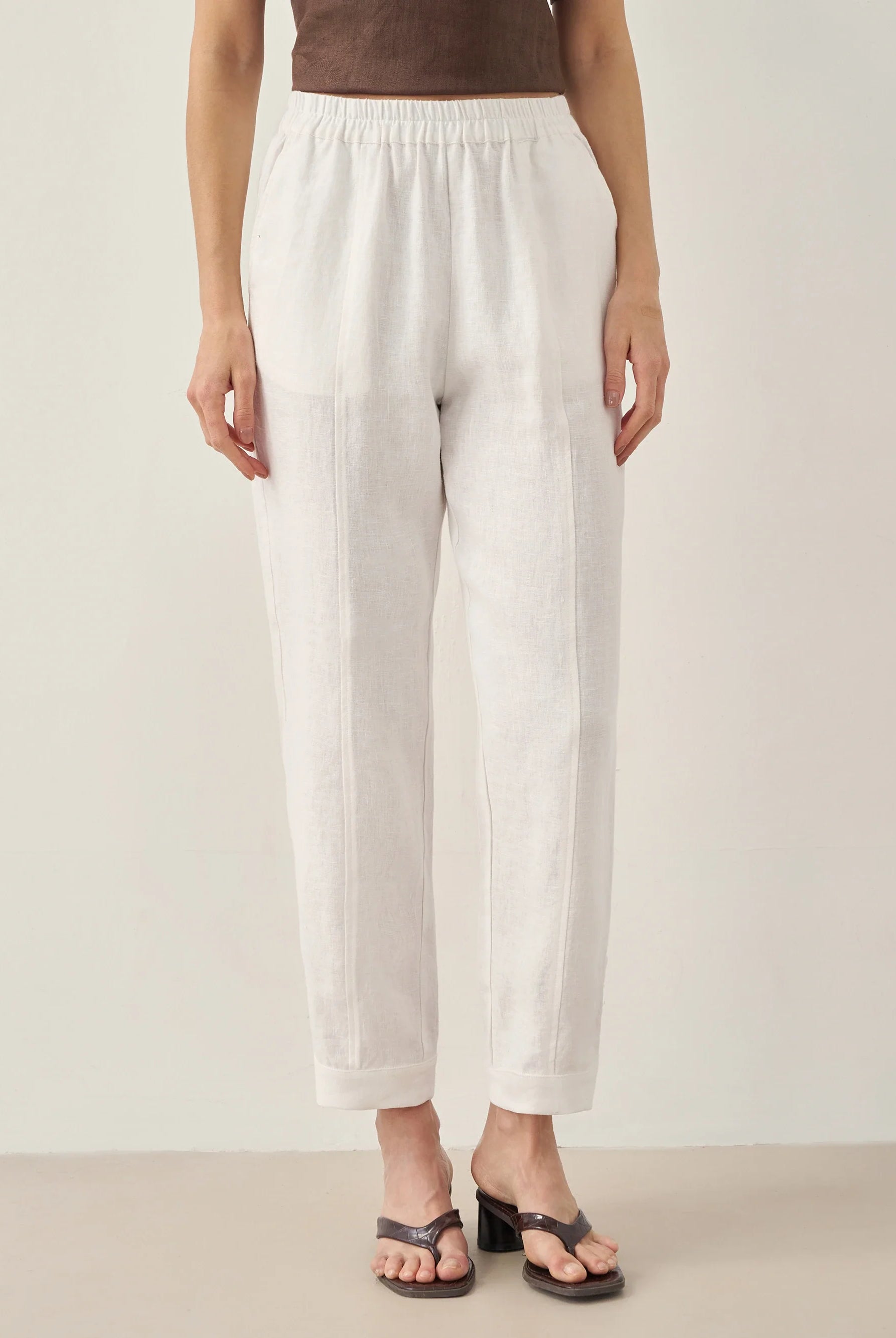 100% Linen Straight-Leg Pants with Elastic Waist - BOTTOMS-Linen