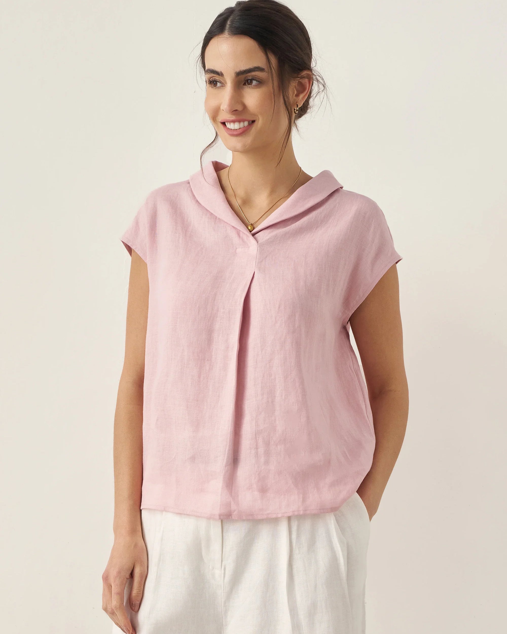 100% Linen Shawl V-Neck Cap Sleeves Top ELARA - TOPS-Linen Blouses