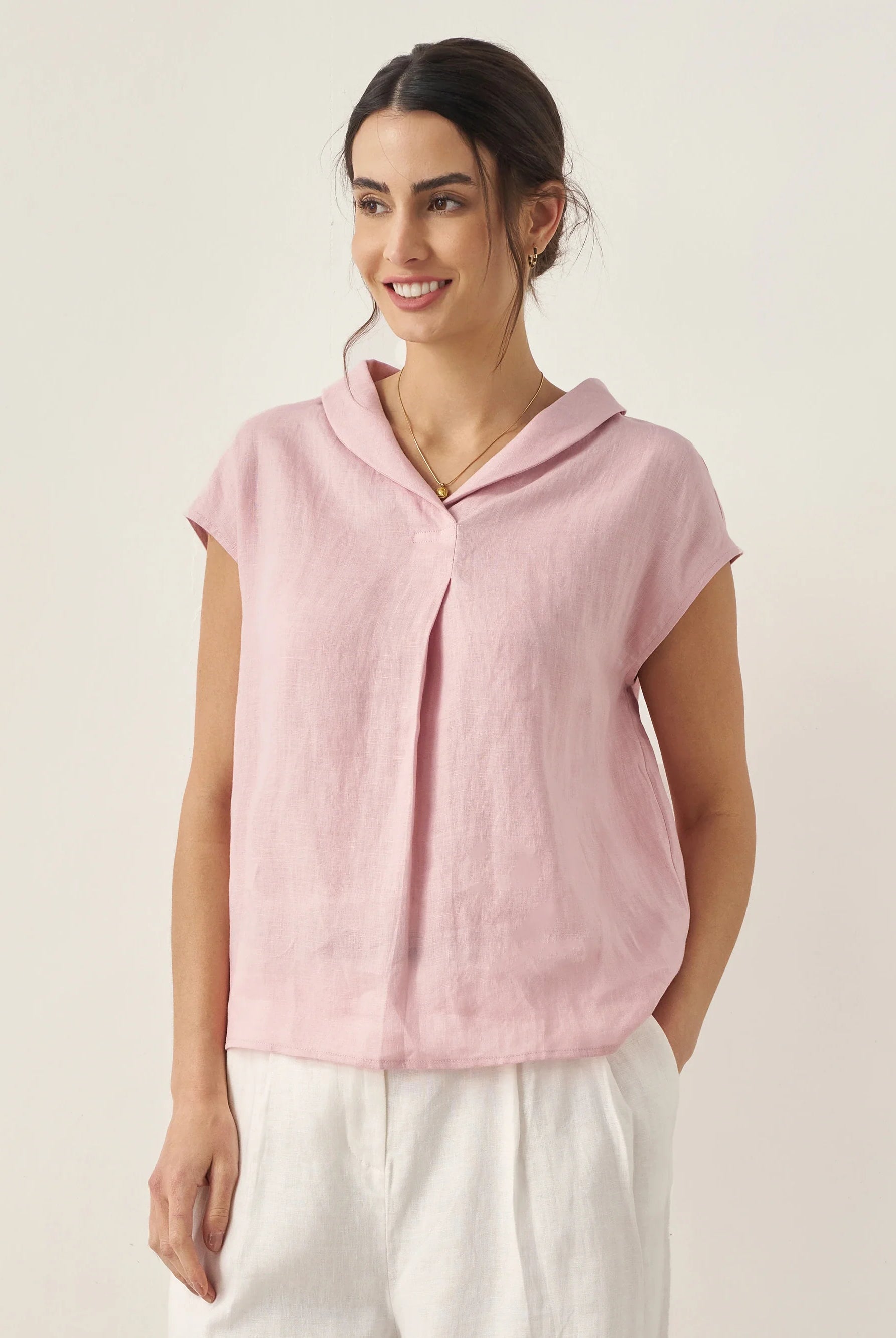 100% Linen Shawl V-Neck Cap Sleeves Top ELARA - TOPS-Linen Blouses