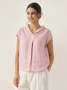 100% Linen Shawl V-Neck Cap Sleeves Top ELARA - TOPS-Linen Blouses