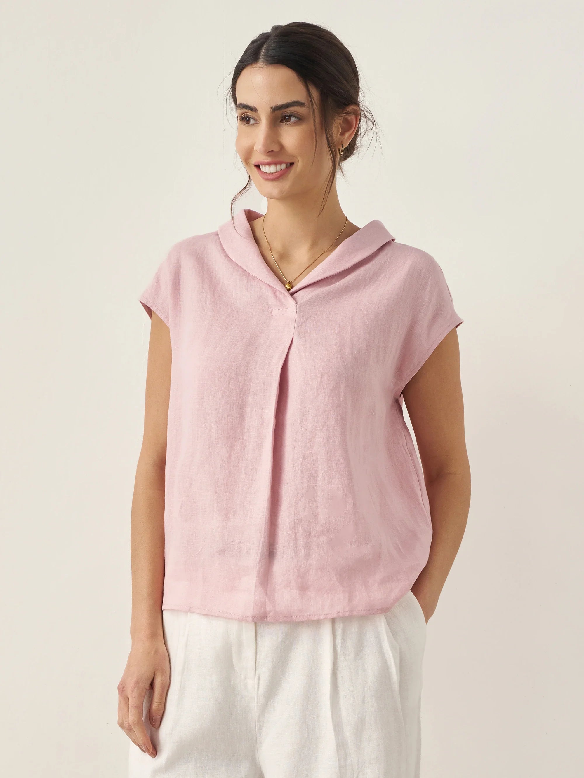 100% Linen Shawl V-Neck Cap Sleeves Top ELARA - TOPS-Linen Blouses