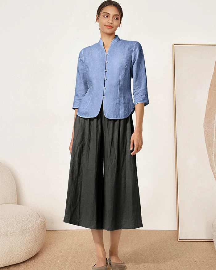 100% Linen Hand Button Fitted Jacket AMELIA - TOPS-Linen Jackets