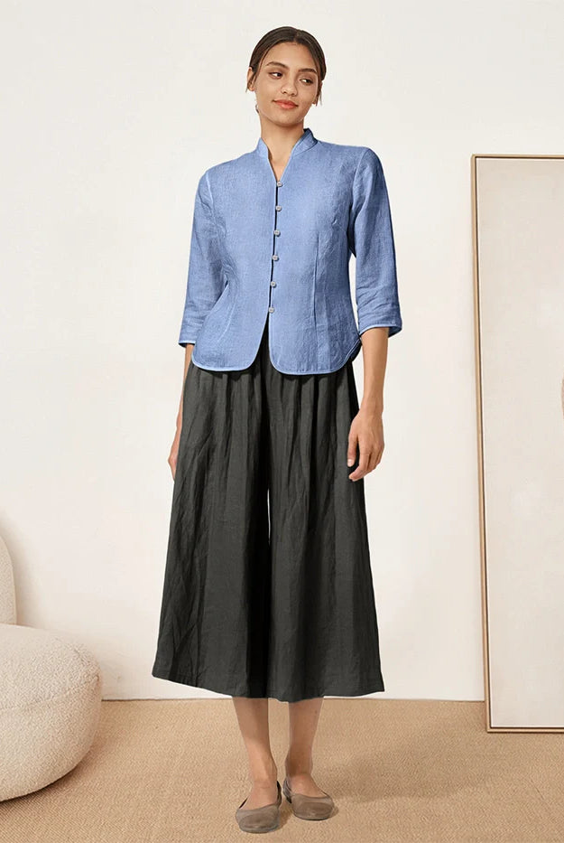 100% Linen Hand Button Fitted Jacket AMELIA - TOPS-Linen Jackets