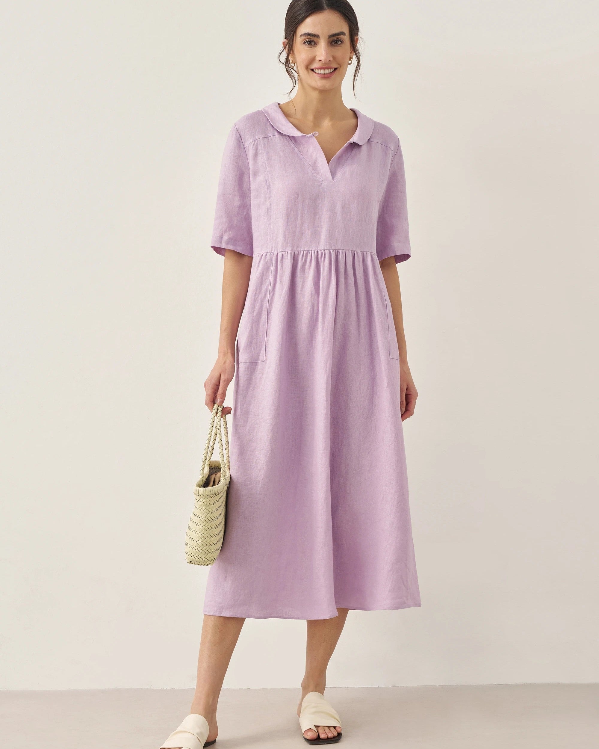 100% LINEN SHAWL V-NECK PLEATED MAXI DRESS