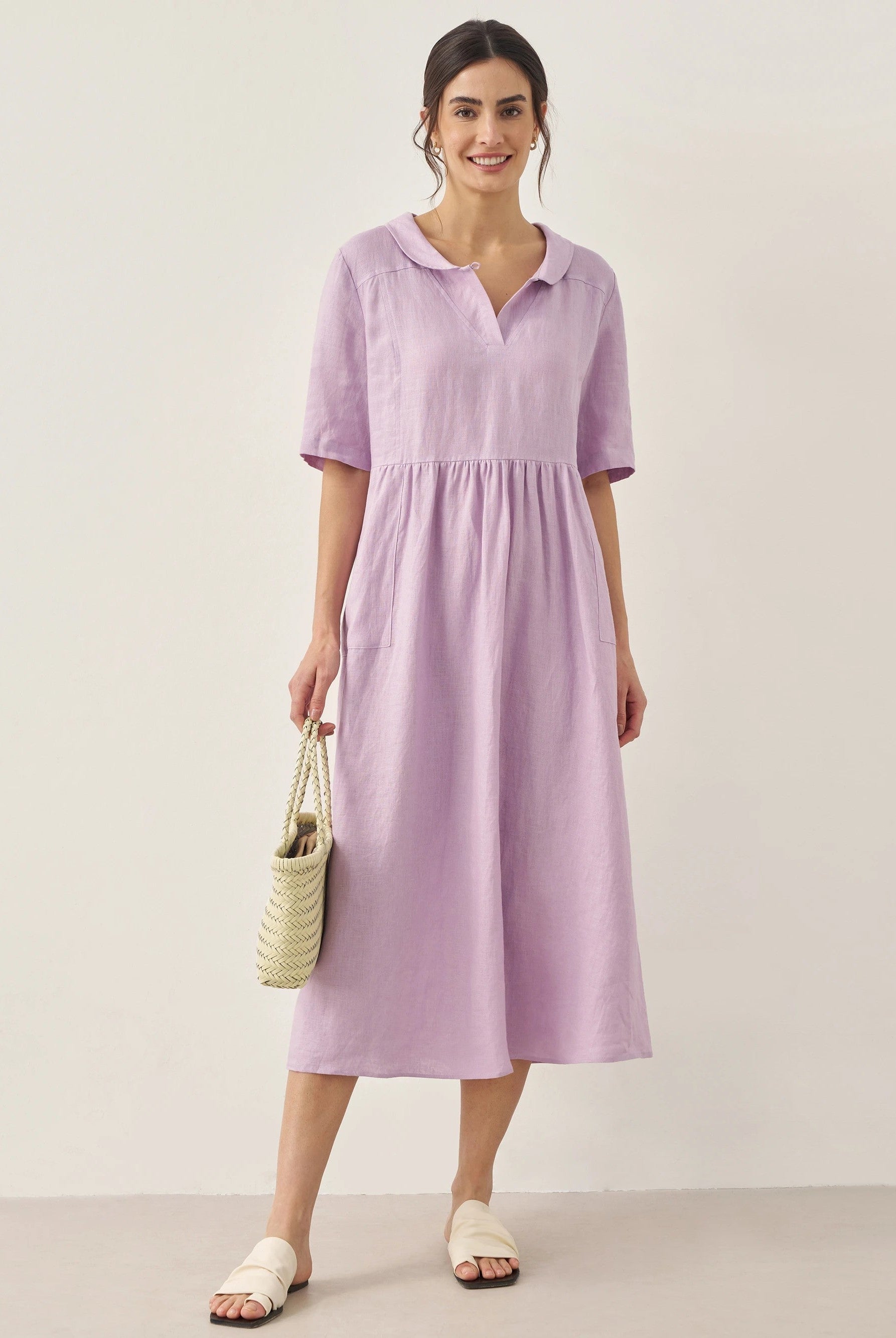 100% LINEN SHAWL V-NECK PLEATED MAXI DRESS