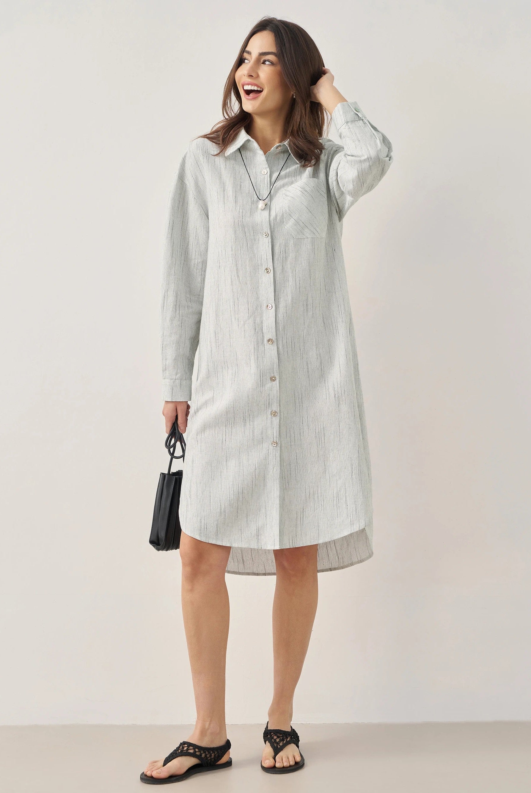 Linen Button-Front Artistic Stripe Shirt Dress JULIA - DRESSES-Linen Midi