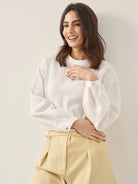 100% Linen Mock Neck Long-Sleeve Top - TOPS-Linen Blouses