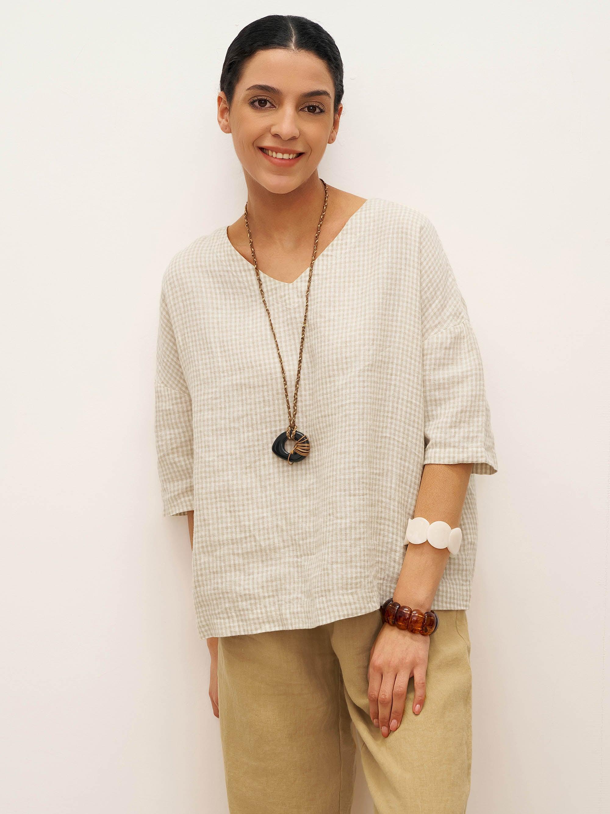 100% Linen Gingham V-Neck 3/4 Length Sleeve Top DORA - Beige Check / S - TOPS-Linen Blouses