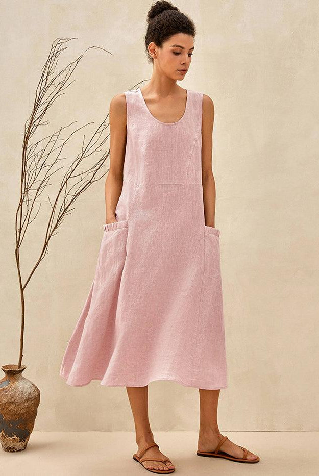 100% Linen Swing Beach Tank Dress GIANA - Rosa / XS - DRESSES-Linen Midi