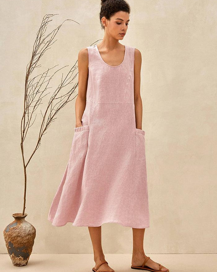 100% Linen Swing Beach Tank Dress GIANA - Rosa / XS - DRESSES-Linen Midi