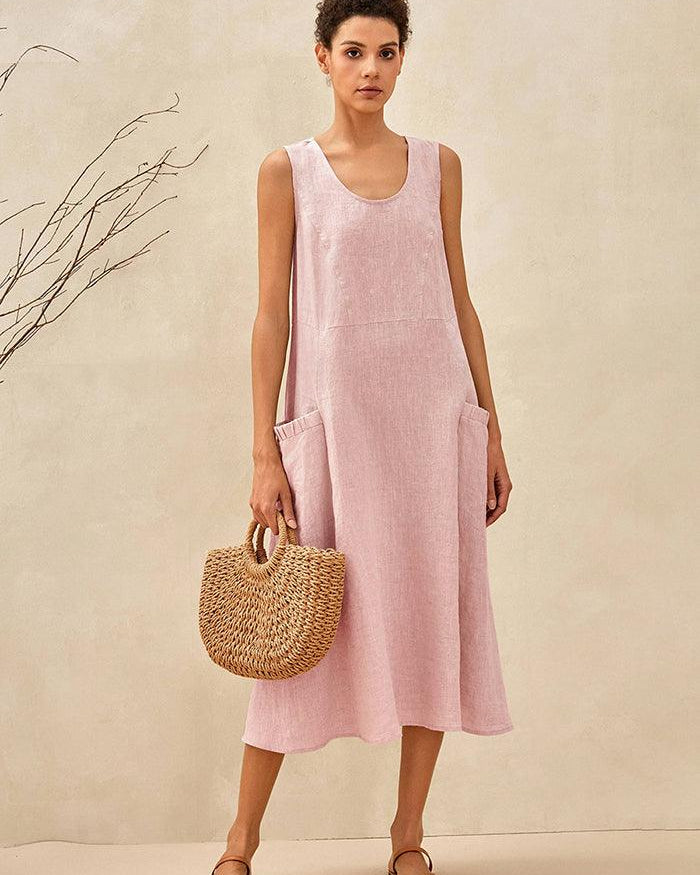 100% Linen Swing Beach Tank Dress GIANA - DRESSES-Linen Midi