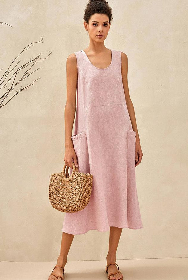 100% Linen Swing Beach Tank Dress GIANA - DRESSES-Linen Midi