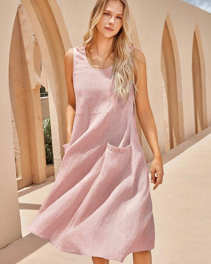 100% Linen Swing Beach Tank Dress GIANA - DRESSES-Linen Midi