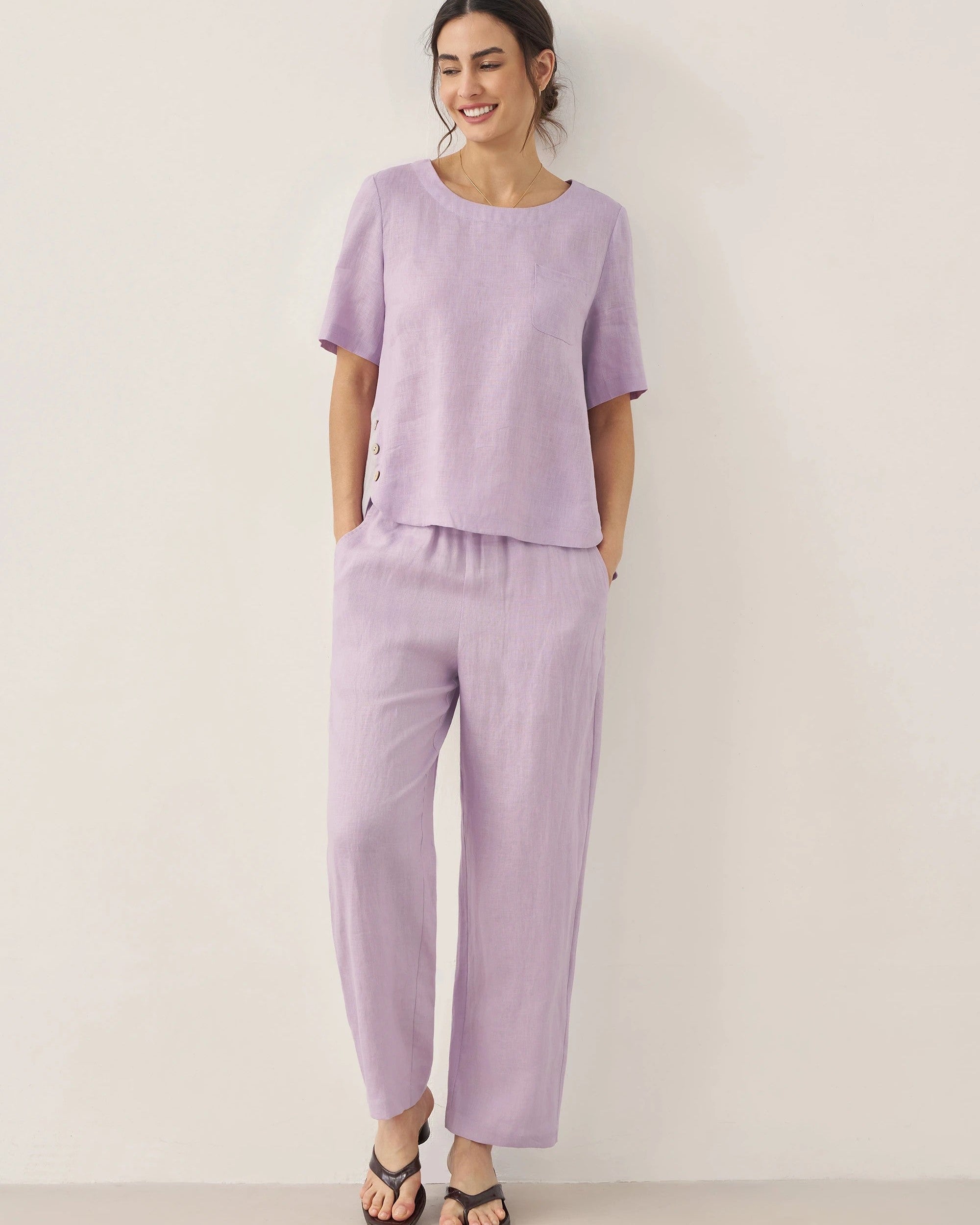 100% LINEN SHORT-SLEEVE ROUND NECK BUTTON DETAIL TOP & PANTS SET