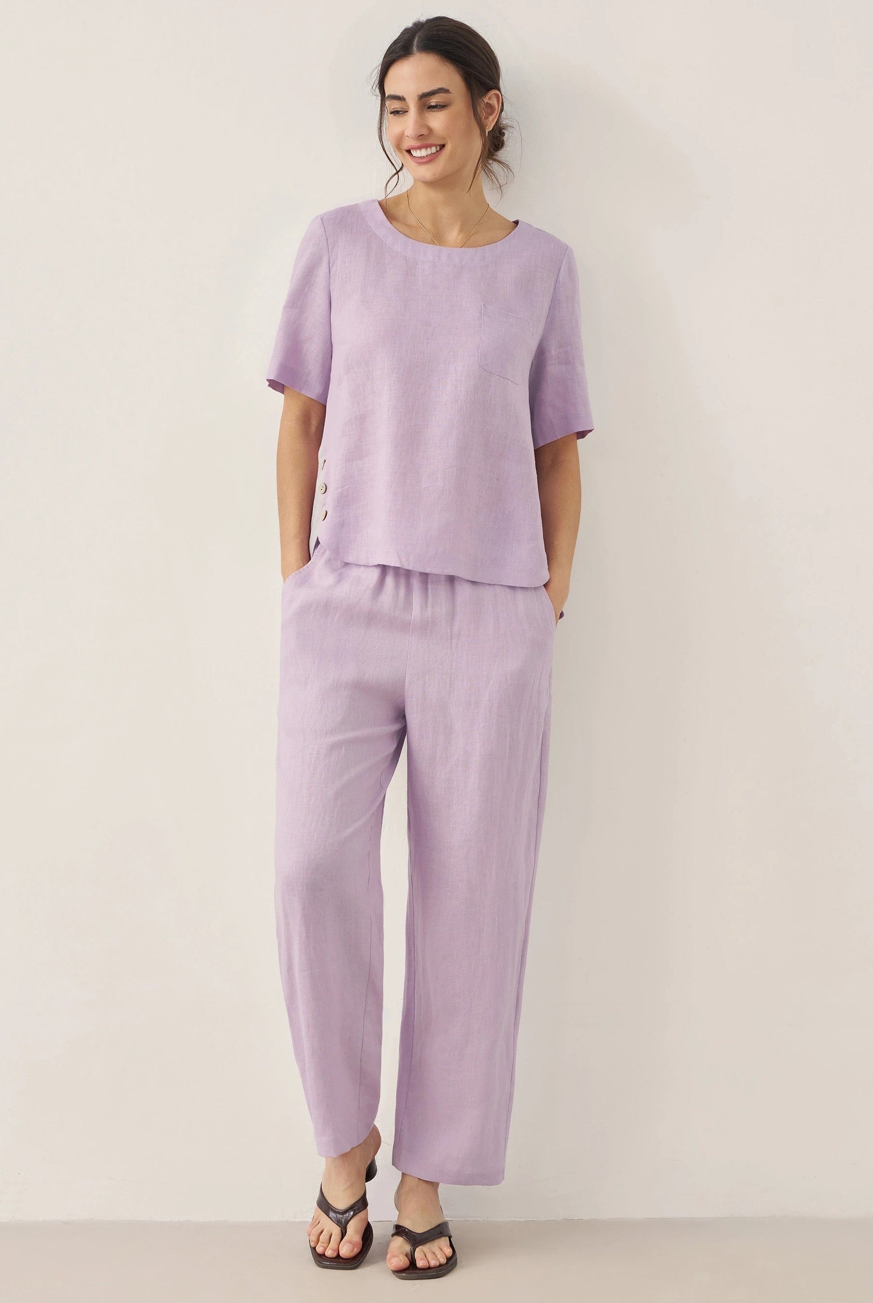 100% LINEN SHORT-SLEEVE ROUND NECK BUTTON DETAIL TOP & PANTS SET