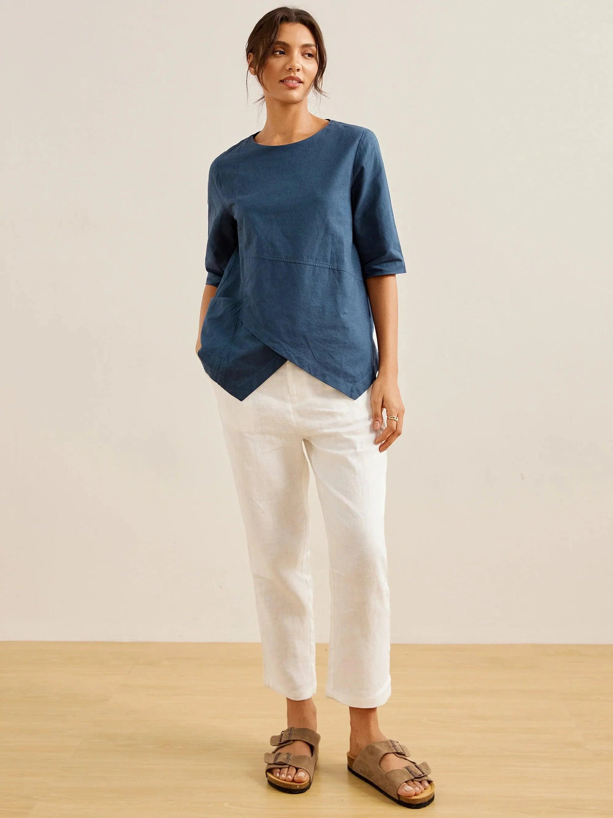 Linen Half Sleeve Layered Top CLAUDIA - TOPS-Linen Blouses