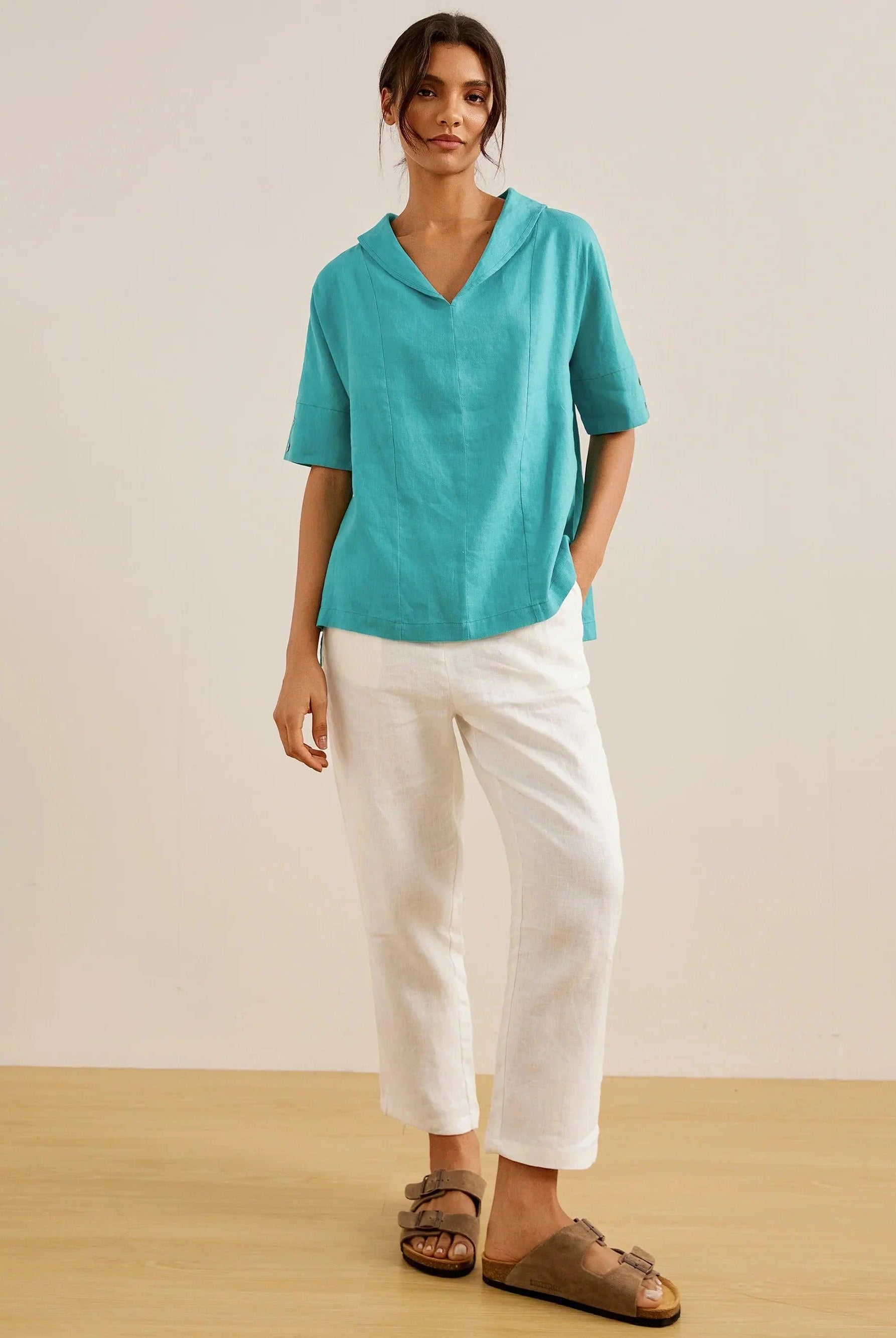 100% Linen V-Neck Short Sleeve Shirt SIERRA - TOPS-Linen Blouses