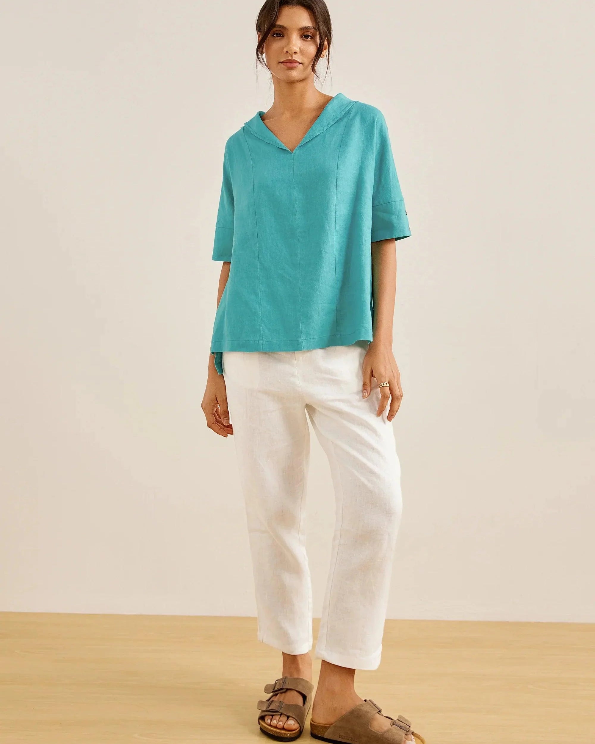 100% Linen V-Neck Short Sleeve Shirt SIERRA - TOPS-Linen Blouses