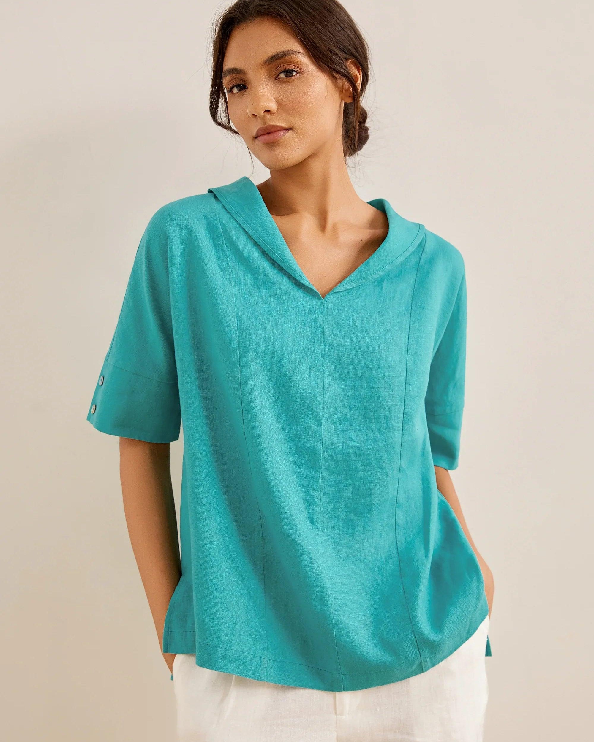 100% Linen V-Neck Short Sleeve Shirt SIERRA - Mint Lagoon / XS - TOPS-Linen Blouses
