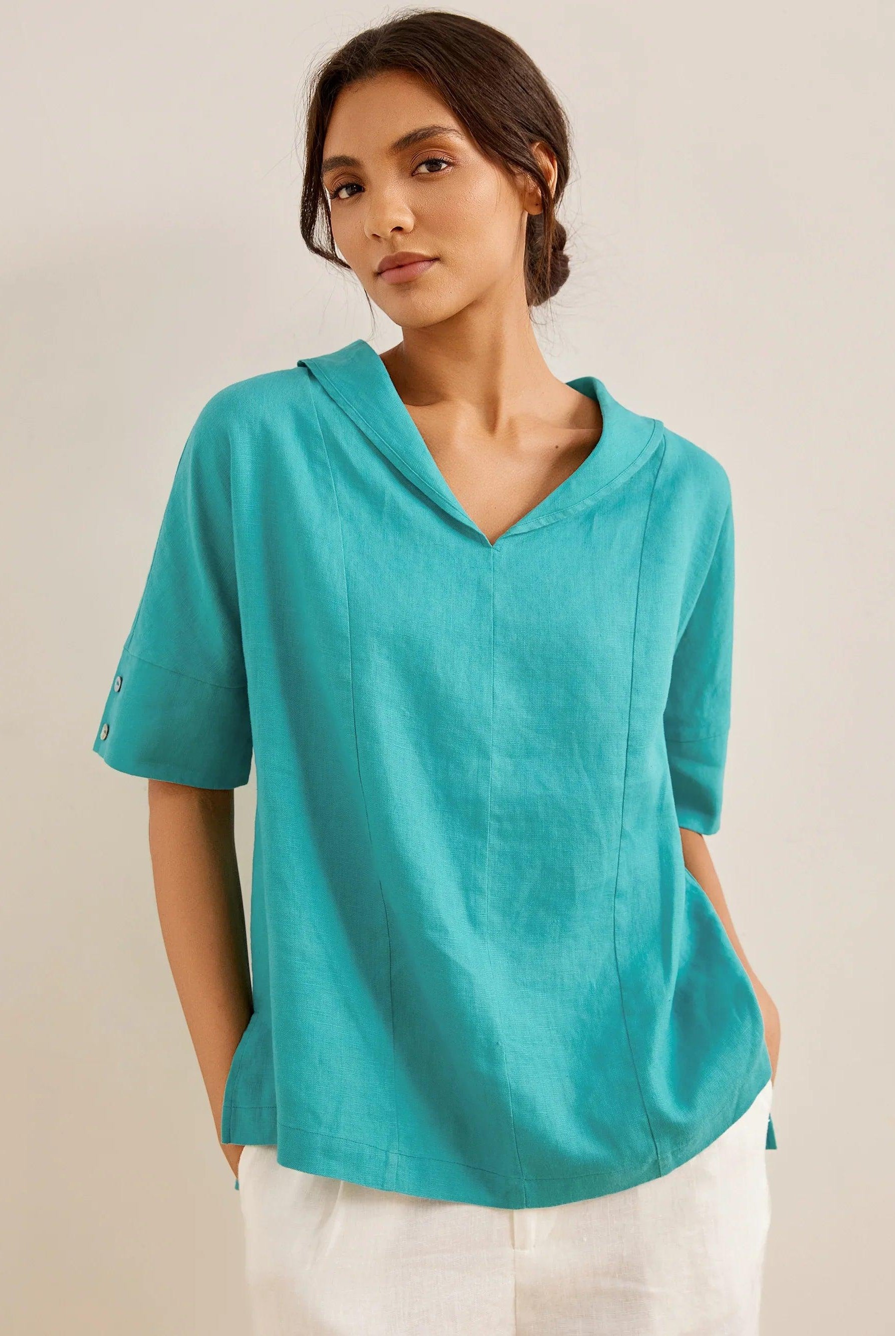 Linen V Neck Short Sleeve Shirt - Mint Lagoon / S - TOPS-Linen Blouses