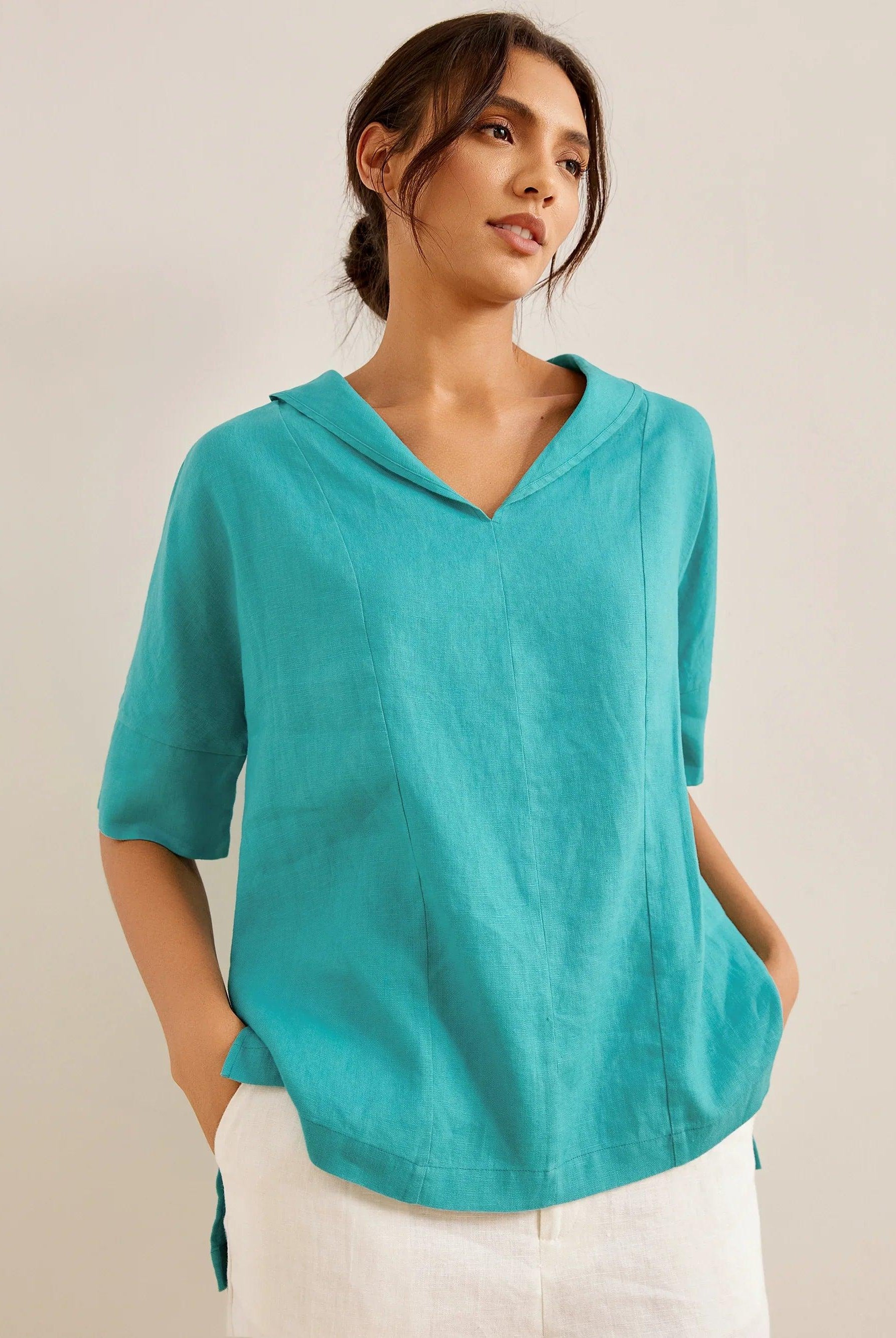 100% Linen V-Neck Short Sleeve Shirt SIERRA - TOPS-Linen Blouses