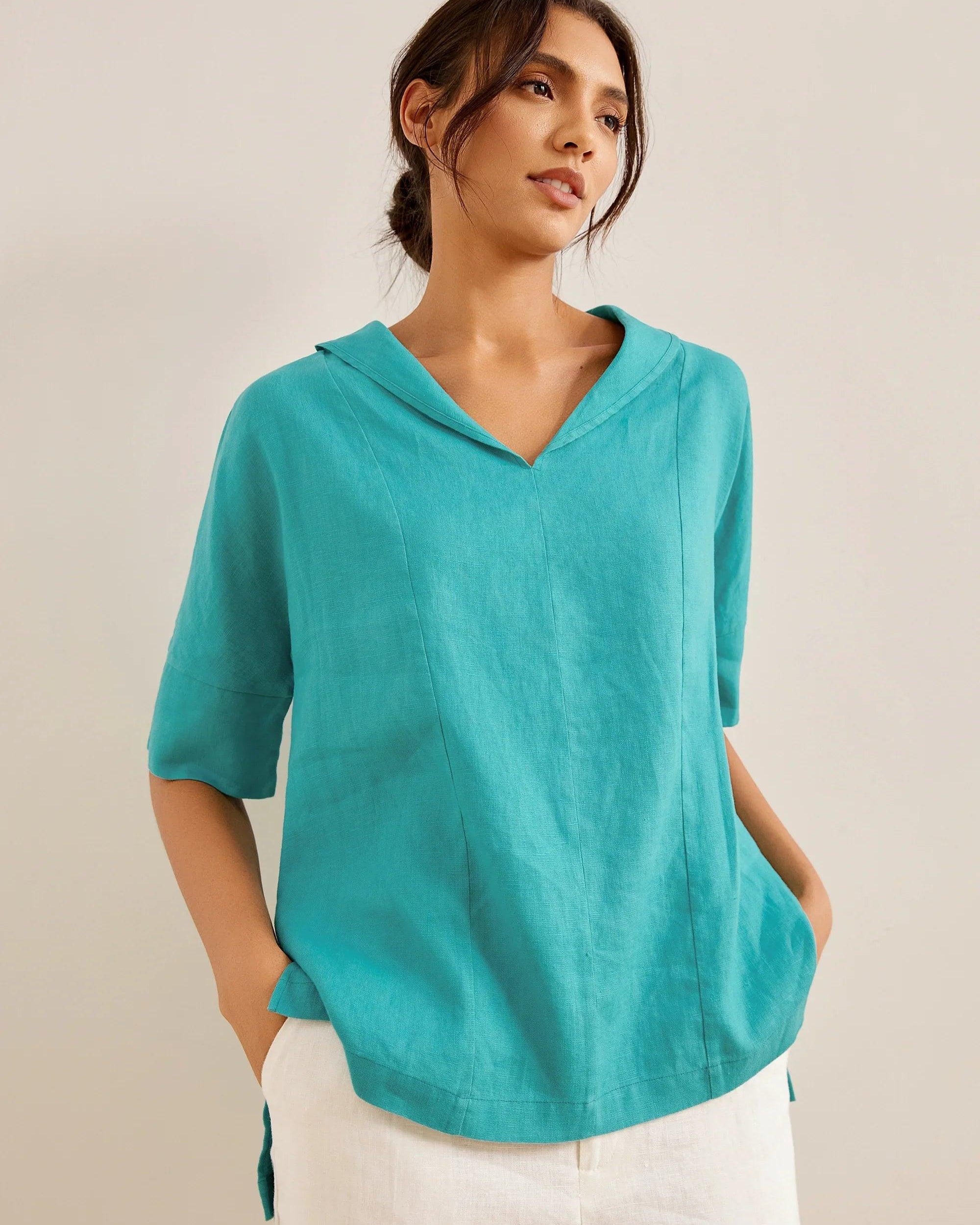 100% Linen V-Neck Short Sleeve Shirt SIERRA - TOPS-Linen Blouses