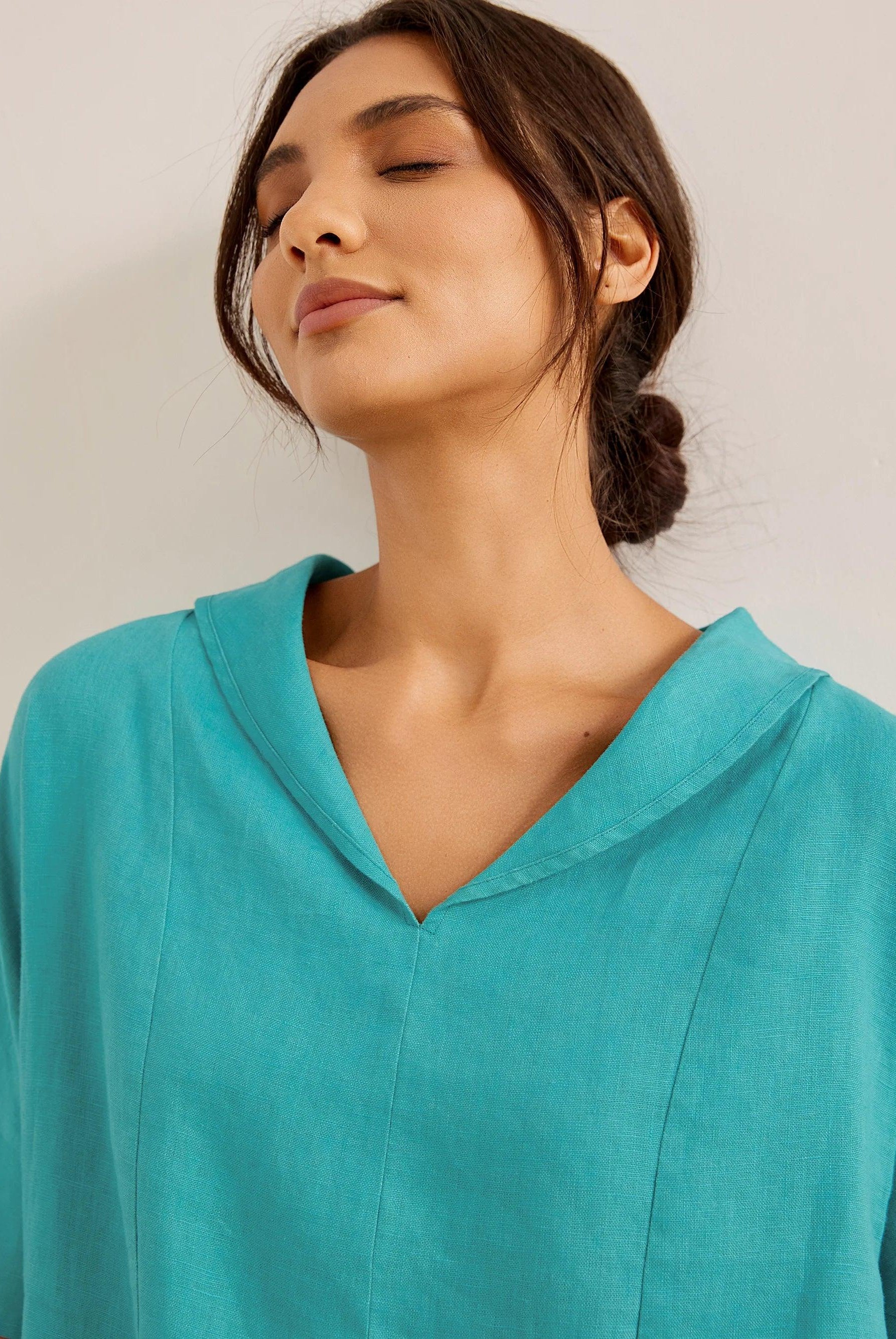 Linen V Neck Short Sleeve Shirt - TOPS-Linen Blouses