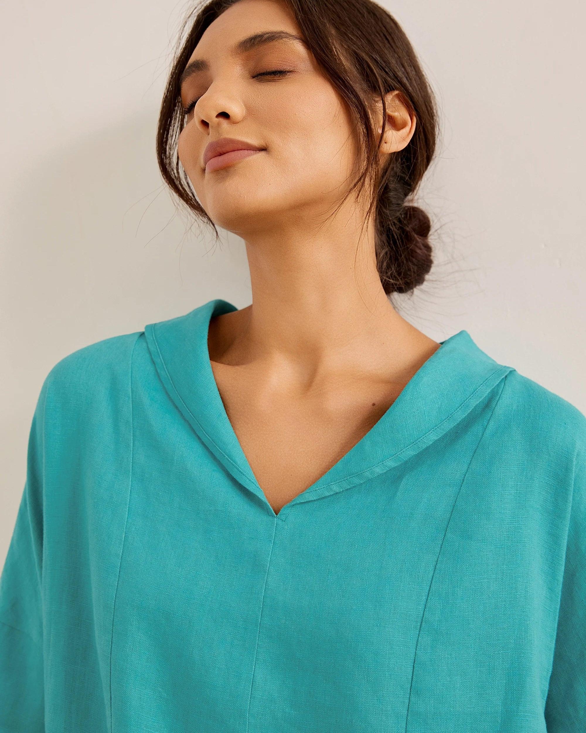 100% Linen V-Neck Short Sleeve Shirt SIERRA - TOPS-Linen Blouses