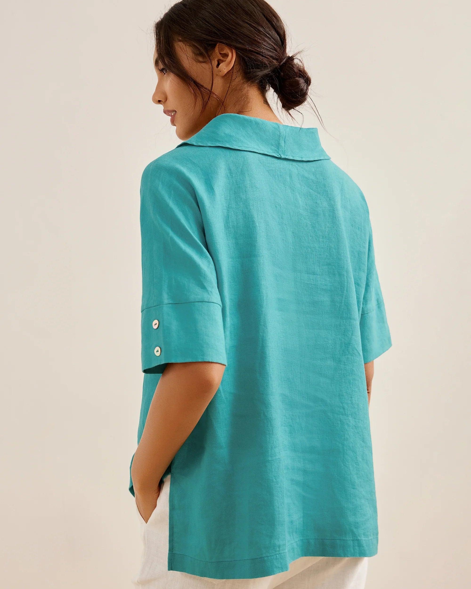 100% Linen V-Neck Short Sleeve Shirt SIERRA - TOPS-Linen Blouses