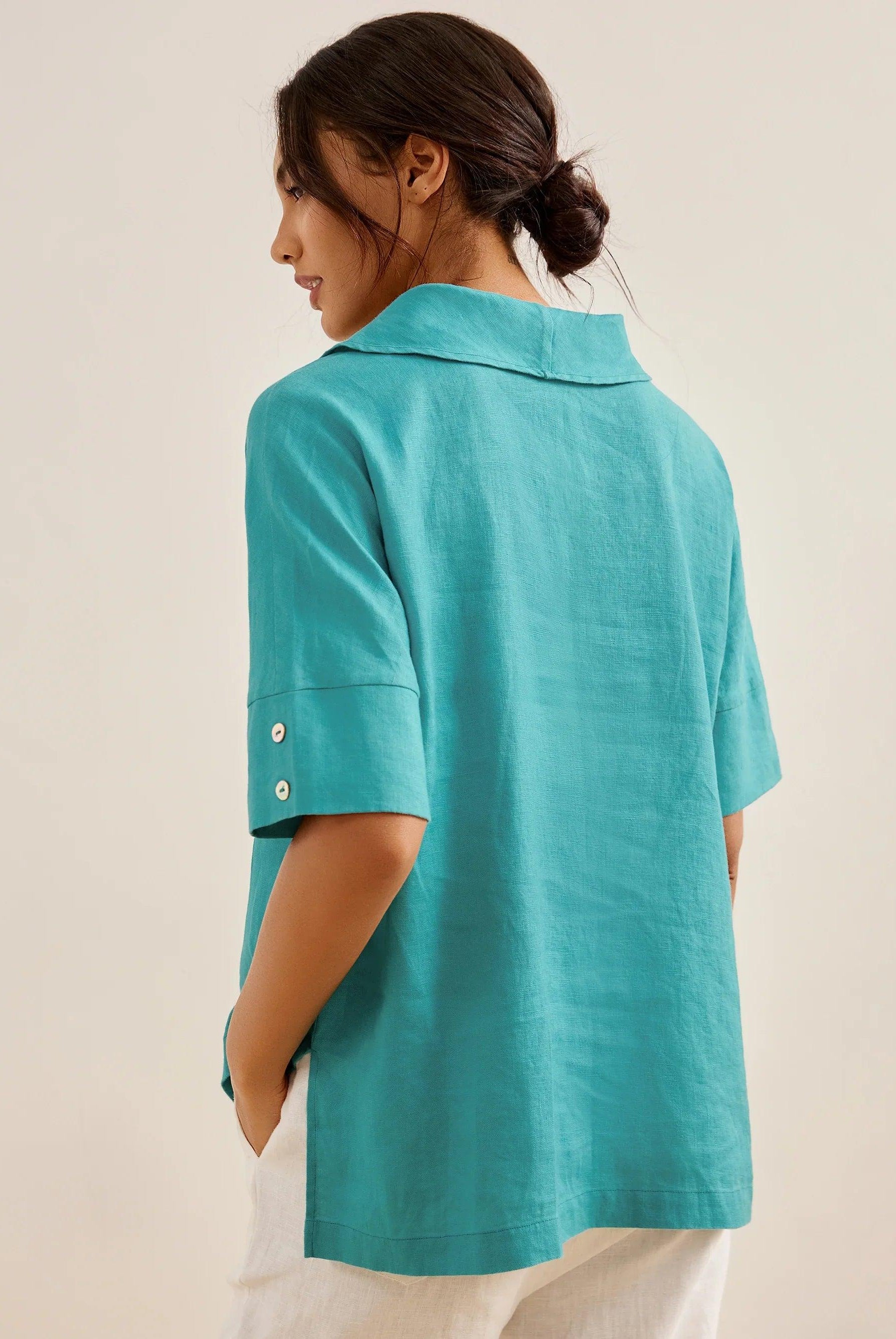 100% Linen V-Neck Short Sleeve Shirt SIERRA - TOPS-Linen Blouses