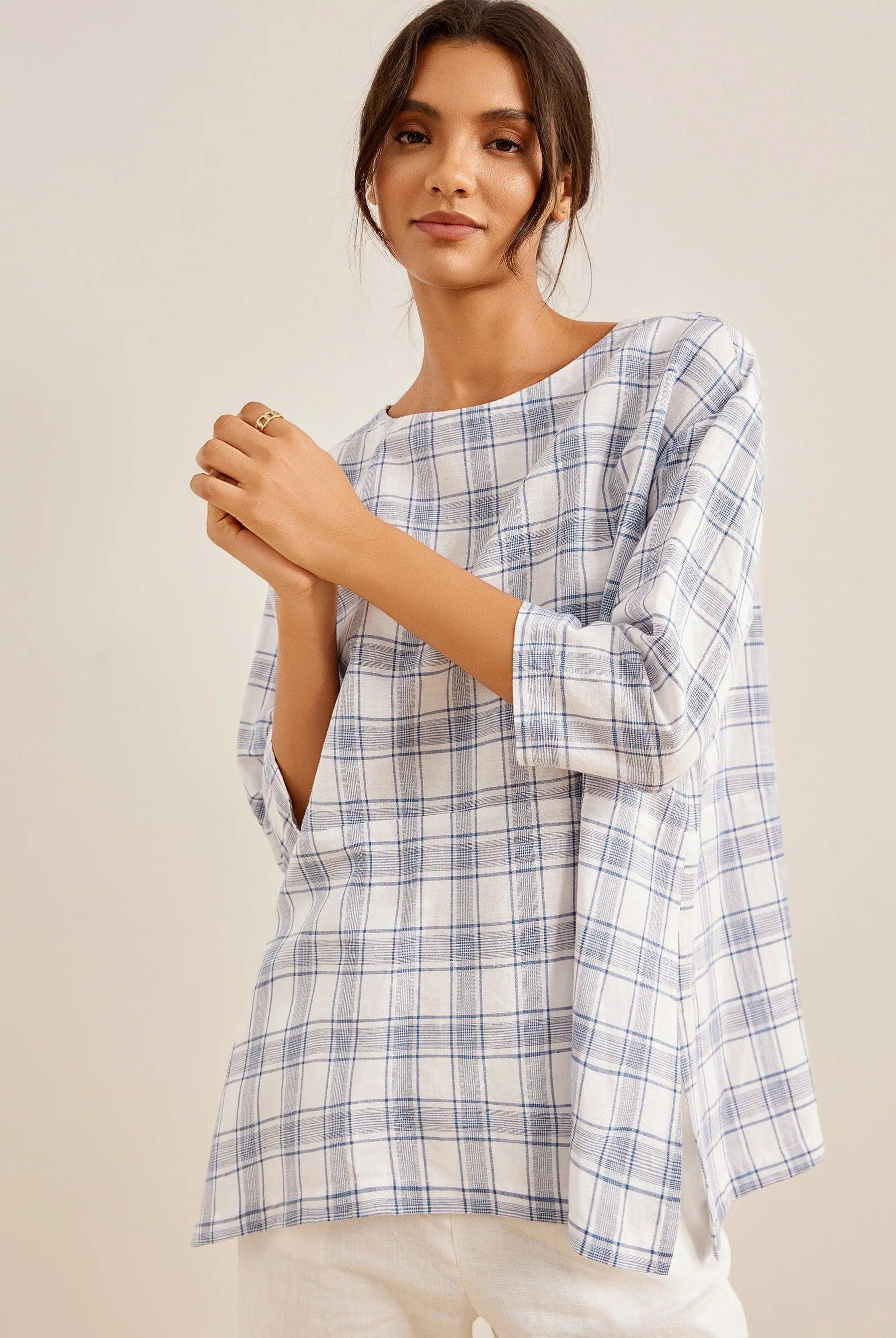 Linen White Boat Neck Oversized Top AVA - TOPS-Linen Blouses