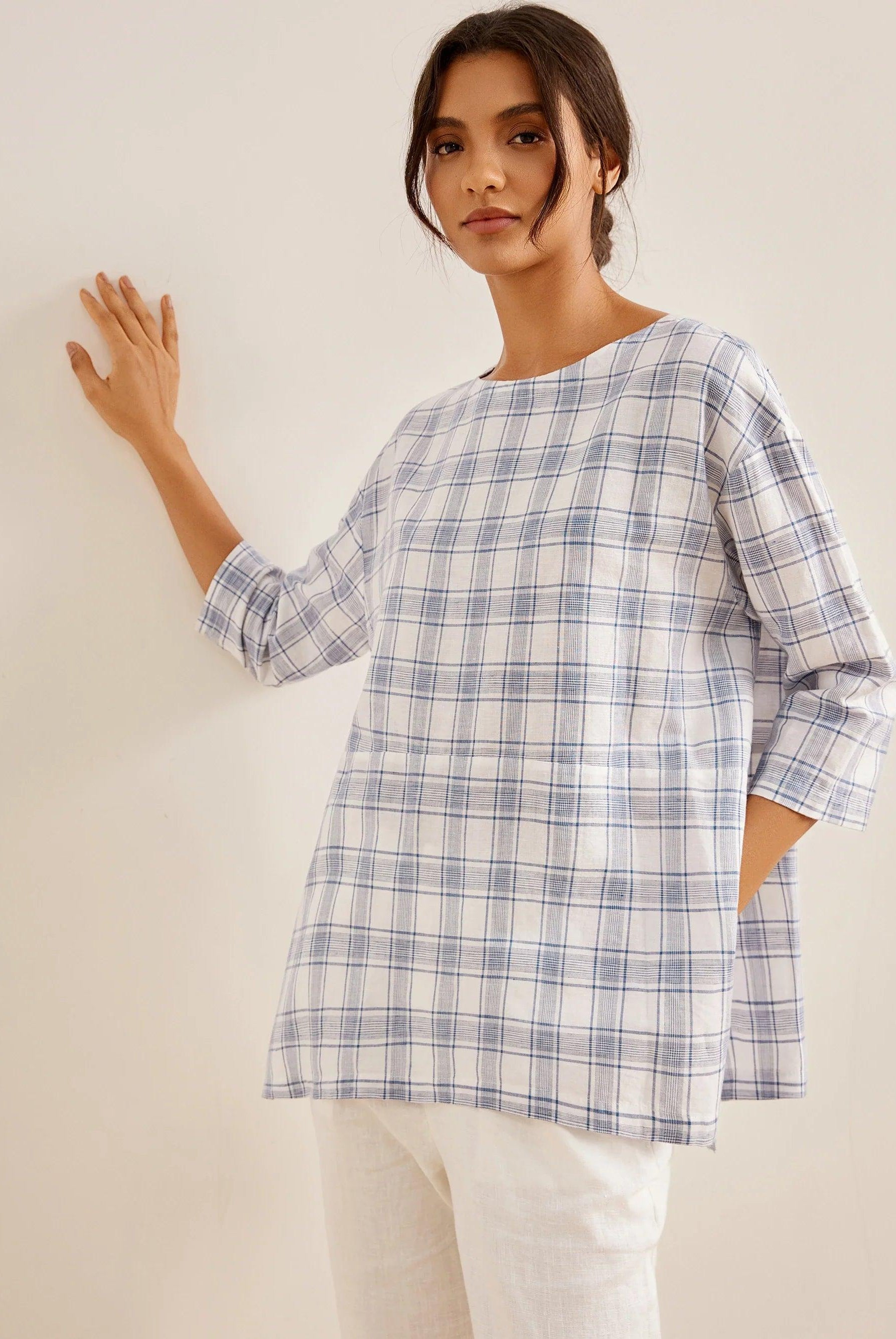 Linen White Boat Neck Oversized Top AVA - Sky Check / S - TOPS-Linen Blouses