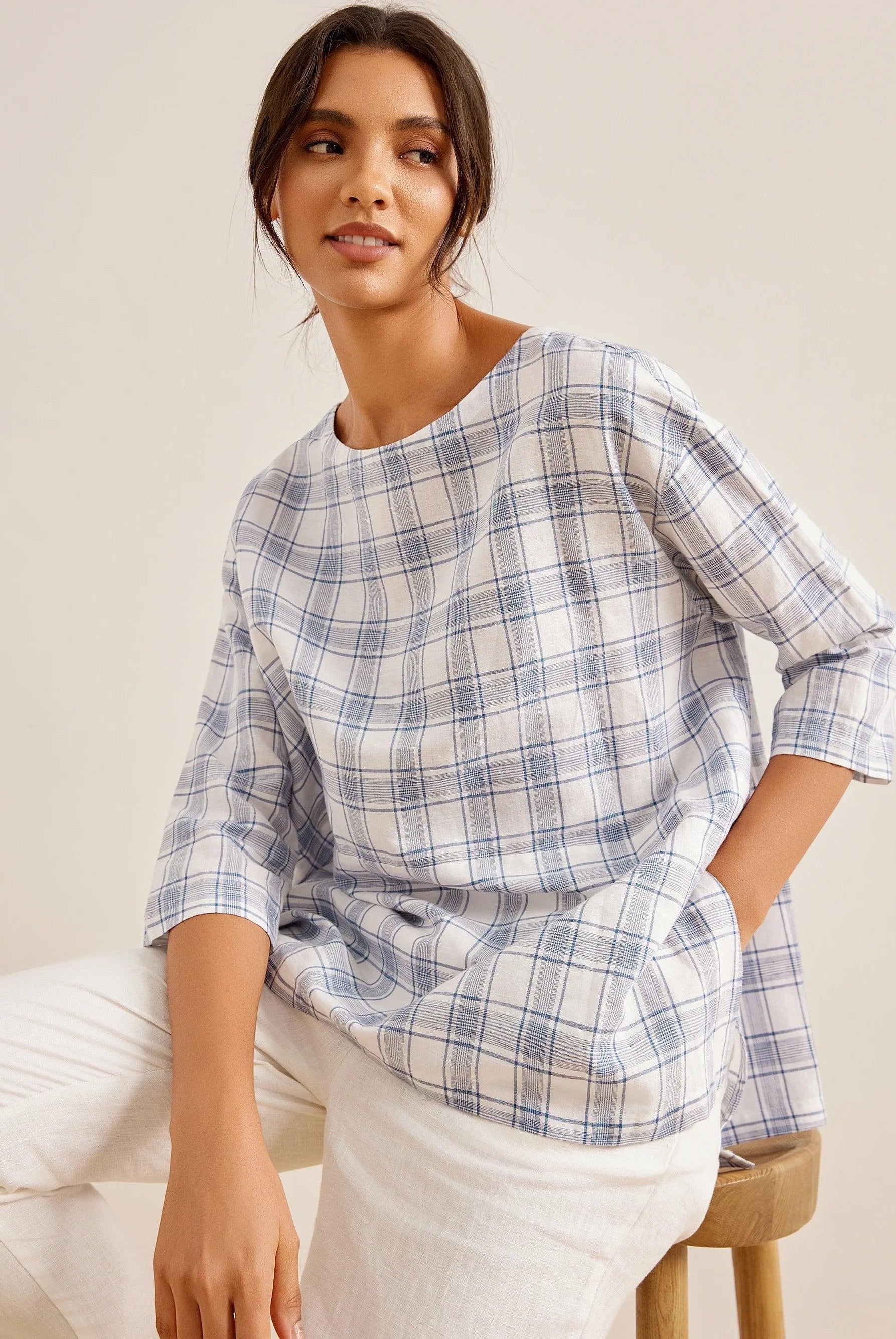 Linen White Boat Neck Oversized Top AVA - TOPS-Linen Blouses