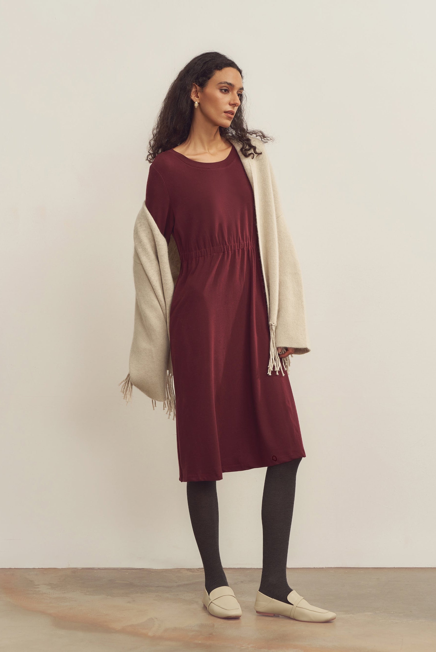 Merino Wool Waist Shirring-Detail Dress