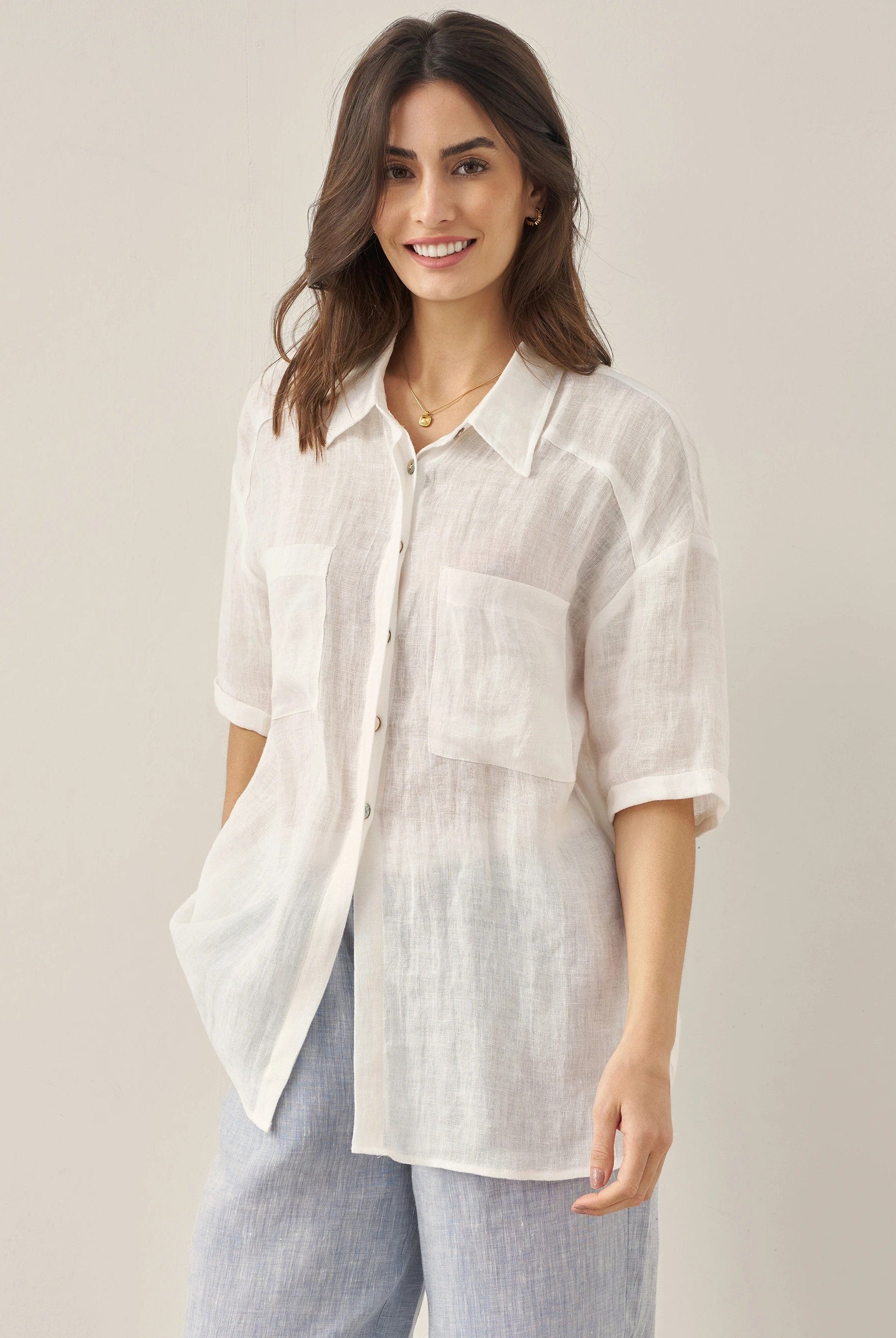 100% Linen Pocket Detail Button-Front Shirt
