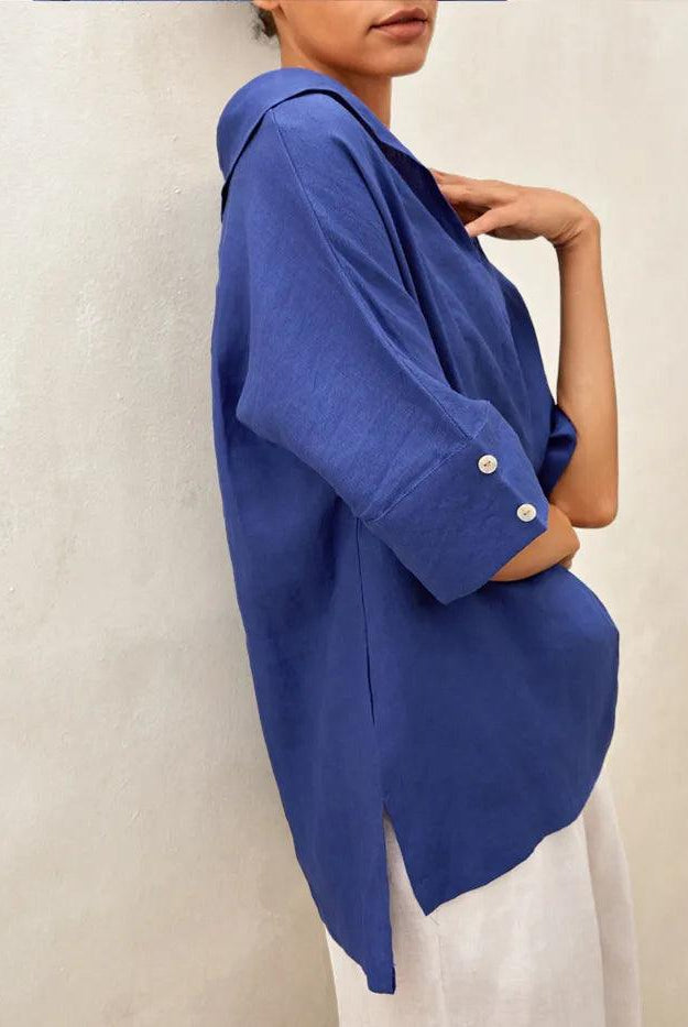 100% Linen V-Neck Short Sleeve Shirt SIERRA - TOPS-Linen Blouses