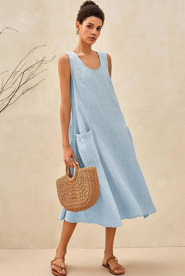100% Linen Swing Beach Tank Dress GIANA - DRESSES-Linen Midi
