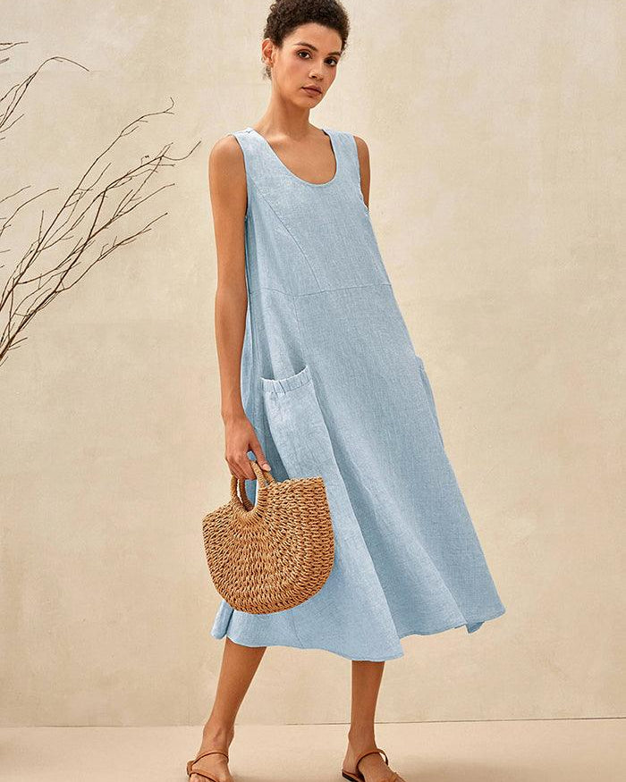 100% Linen Swing Beach Tank Dress GIANA - DRESSES-Linen Midi
