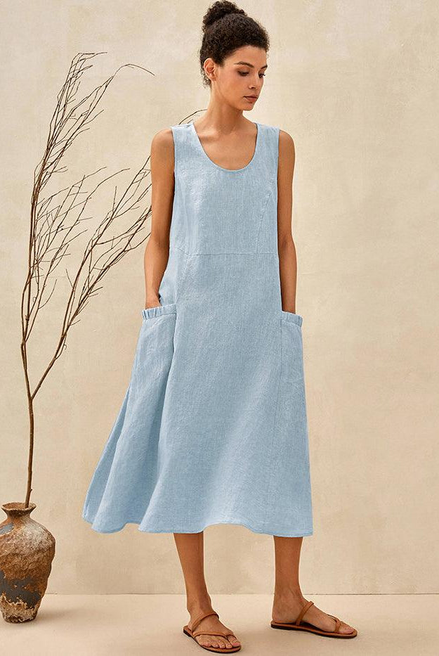 100% Linen Swing Beach Tank Dress GIANA - Powder Blue / XS - DRESSES-Linen Midi