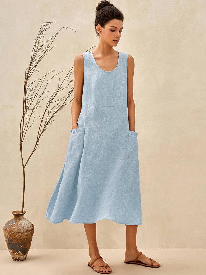 Robe midi de plage évasée sans manches 100 % lin GIANA - Bleu poudré / XS - ROBES-Midi en lin