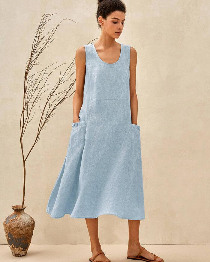 100% Linen Swing Beach Tank Dress GIANA - Powder Blue / XS - DRESSES-Linen Midi