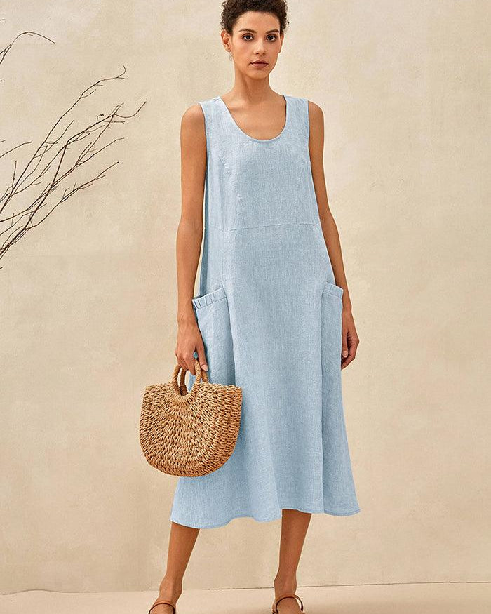 100% Linen Swing Beach Tank Dress GIANA - DRESSES-Linen Midi