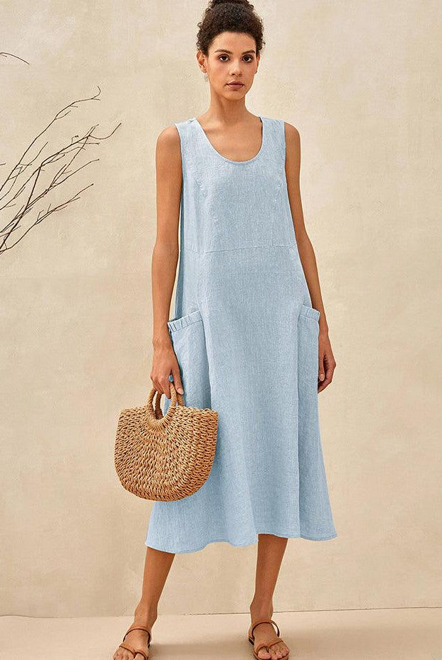 100% Linen Swing Beach Tank Dress GIANA - DRESSES-Linen Midi