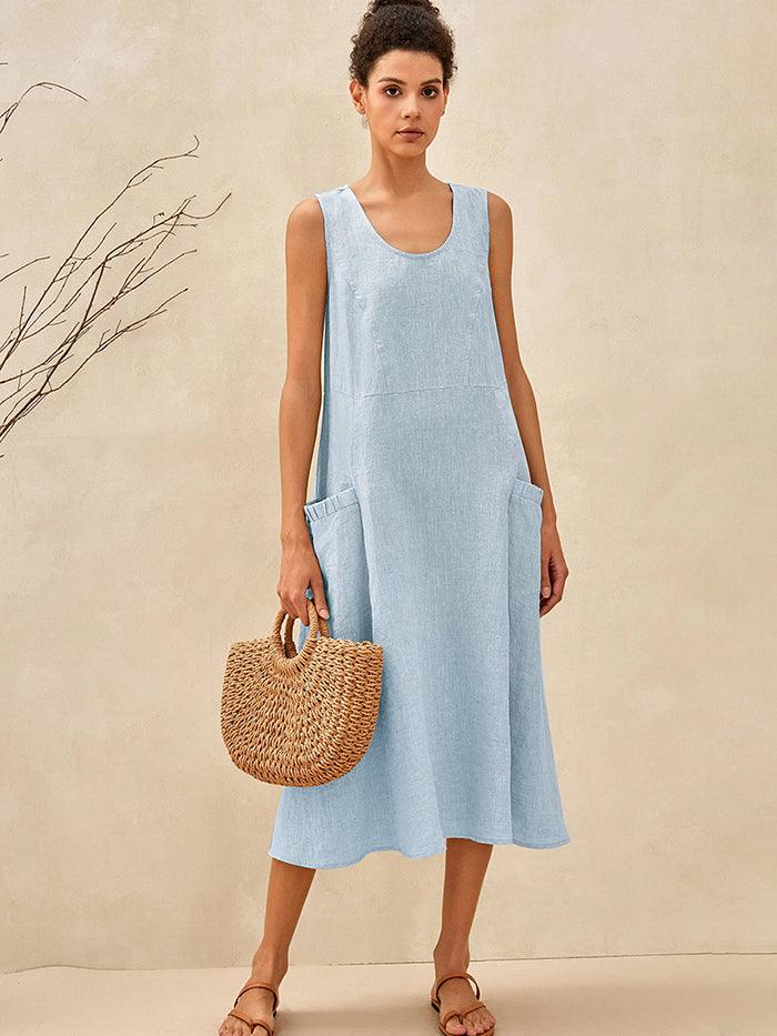 Robe midi de plage évasée sans manches 100 % lin GIANA - ROBES-Midi en lin
