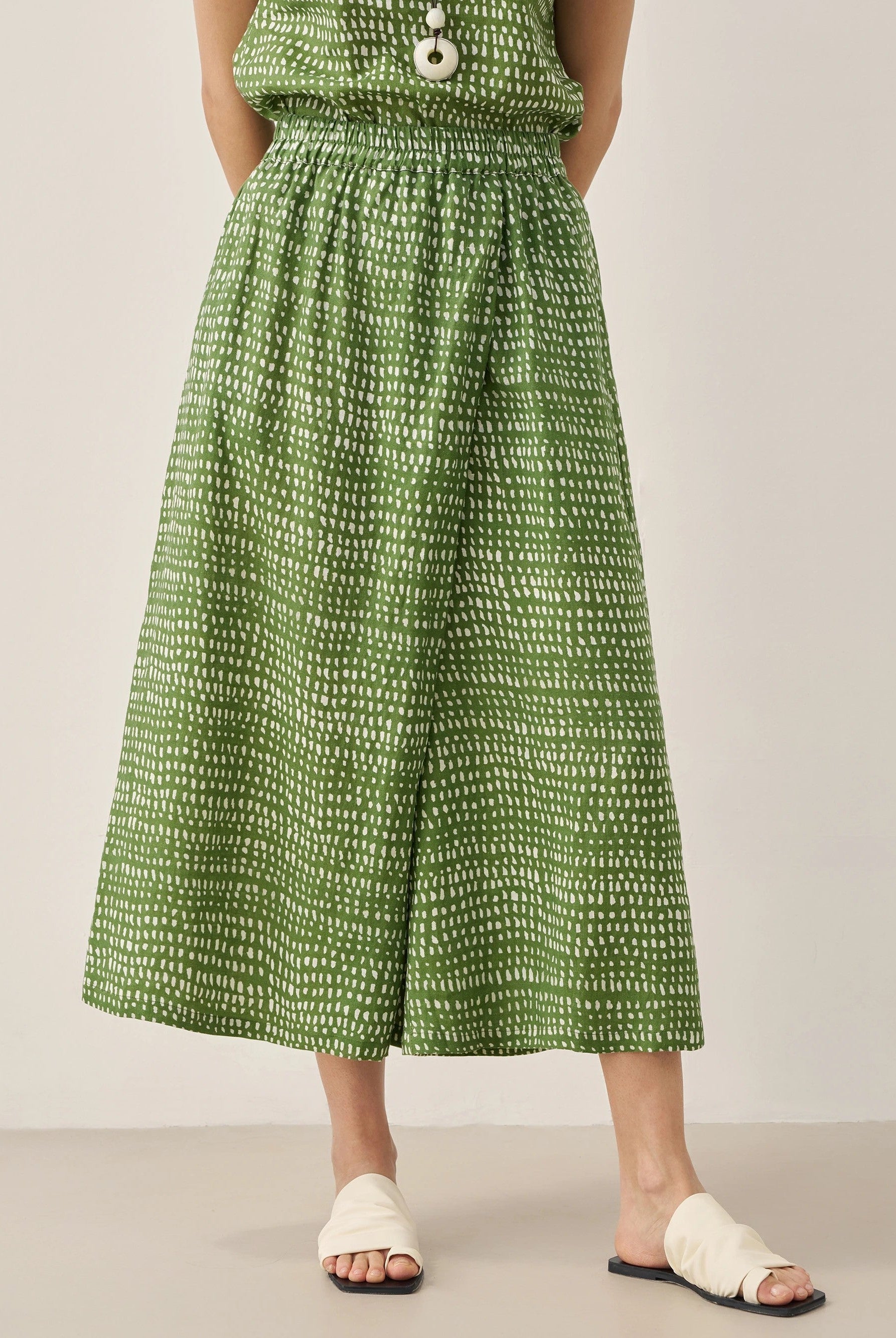 100% Linen Polka Dot Skirt-Pants with Elastic Waist LUMI - Meadow / S - BOTTOMS-Linen Pants