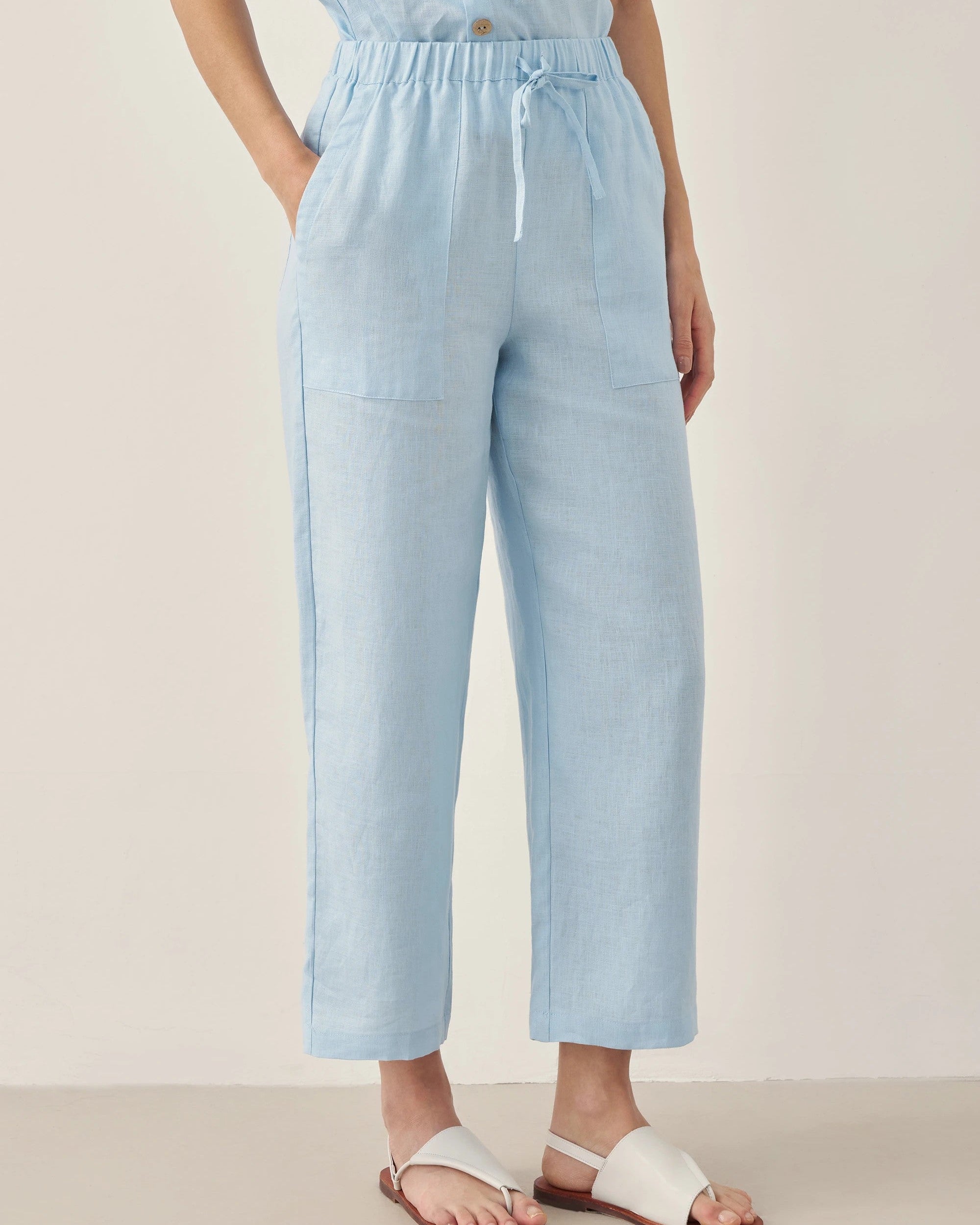 100% Linen Short-Sleeve Round Neck Button Detail Top & Pants Set JOSIE - SETS-Linen Sets