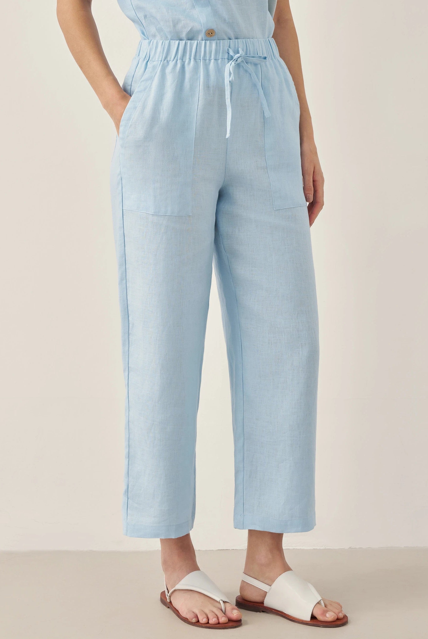 100% Linen Short-Sleeve Round Neck Button Detail Top & Pants Set JOSIE - SETS-Linen Sets