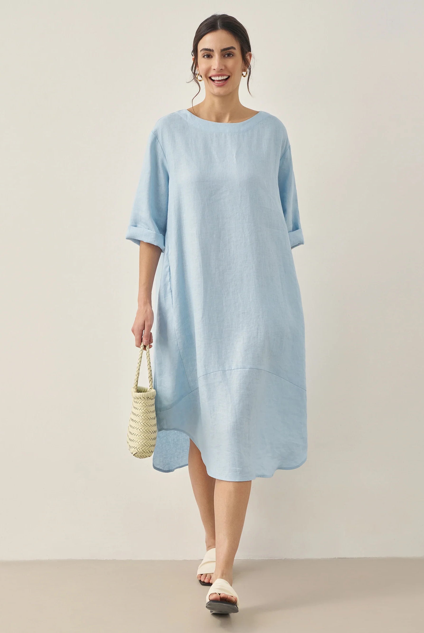 100% Linen Bateau Neck Midi Dress