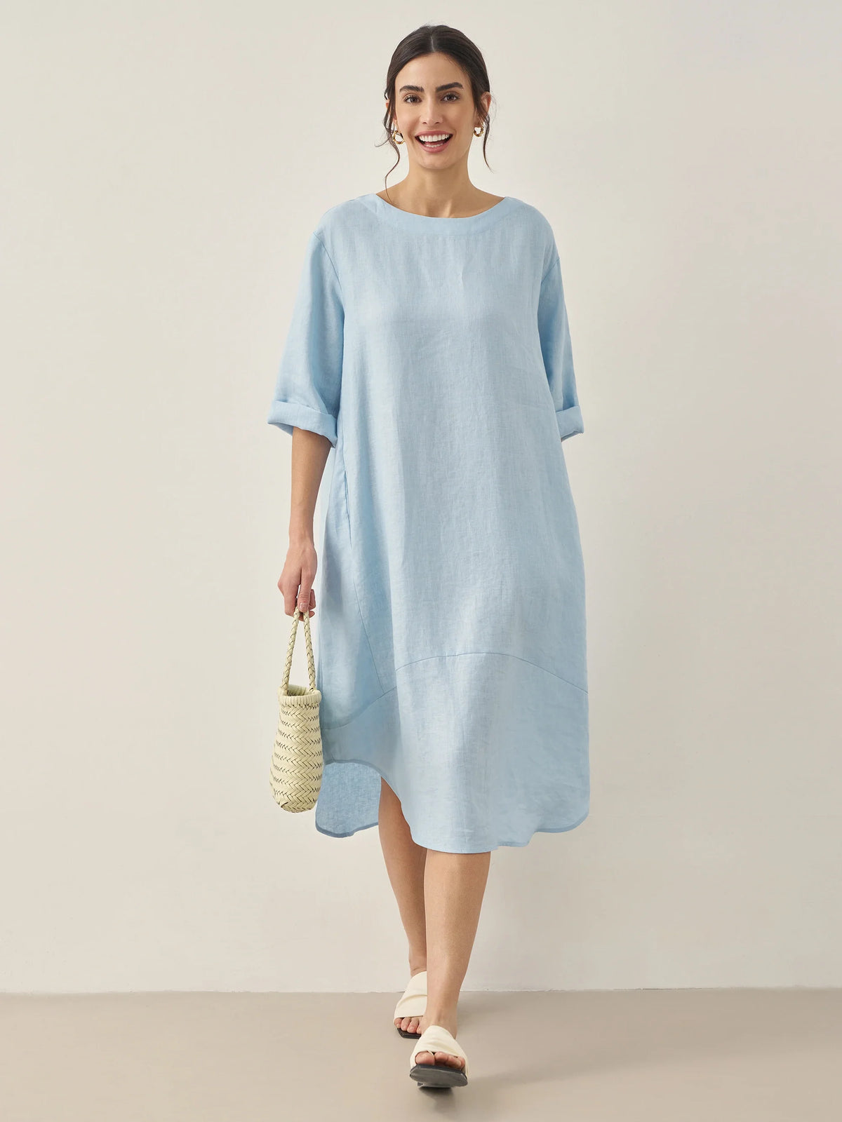 100% Linen Bateau Neck Midi Dress